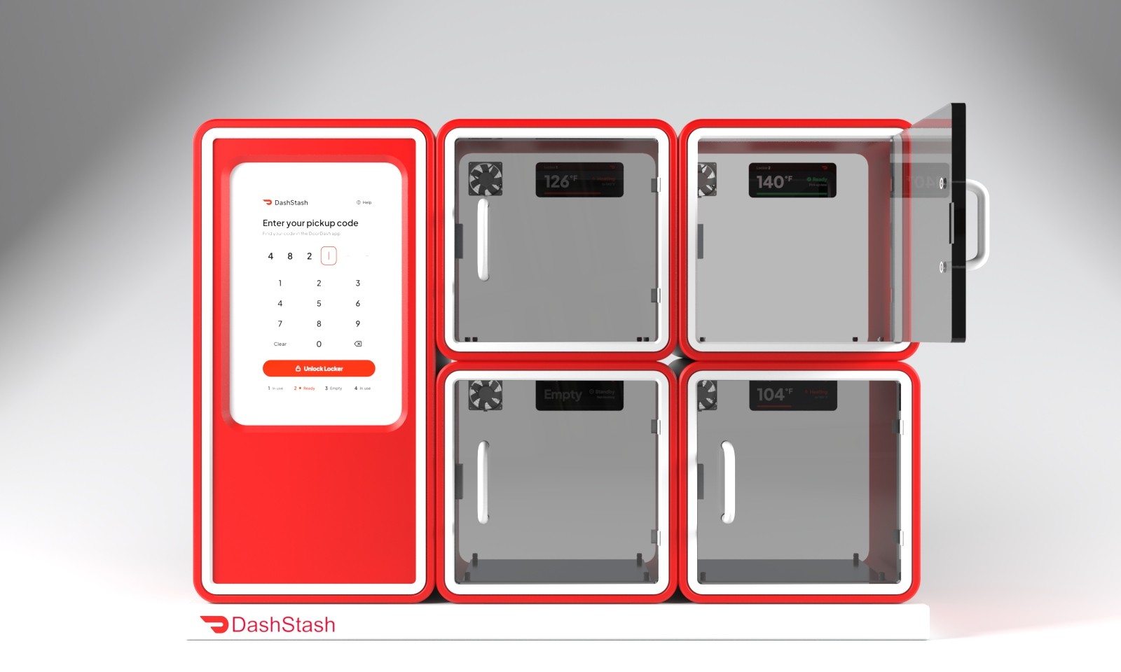 DashStash 2x2 render with the top-right cube open, showing the fan, temperature readout and handle