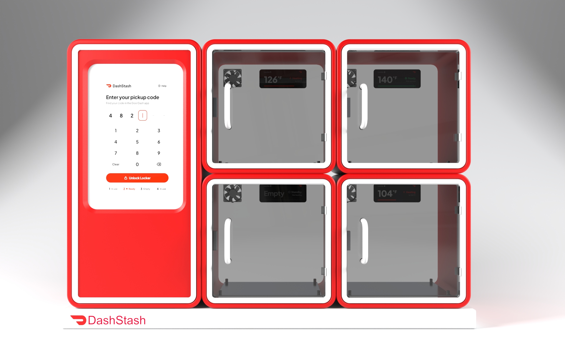DashStash 2x2 heated pickup locker render with the pickup-code screen column and four heated cubes